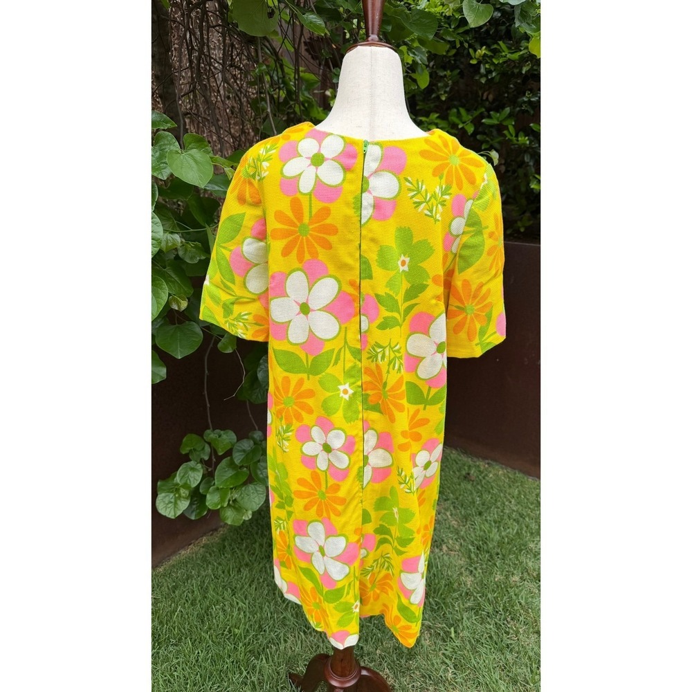 Vtg 60s Psychedelic Mod Shift Dress Yellow Floral Daisy Flower Power Talon Zip L - Picture 3 of 8